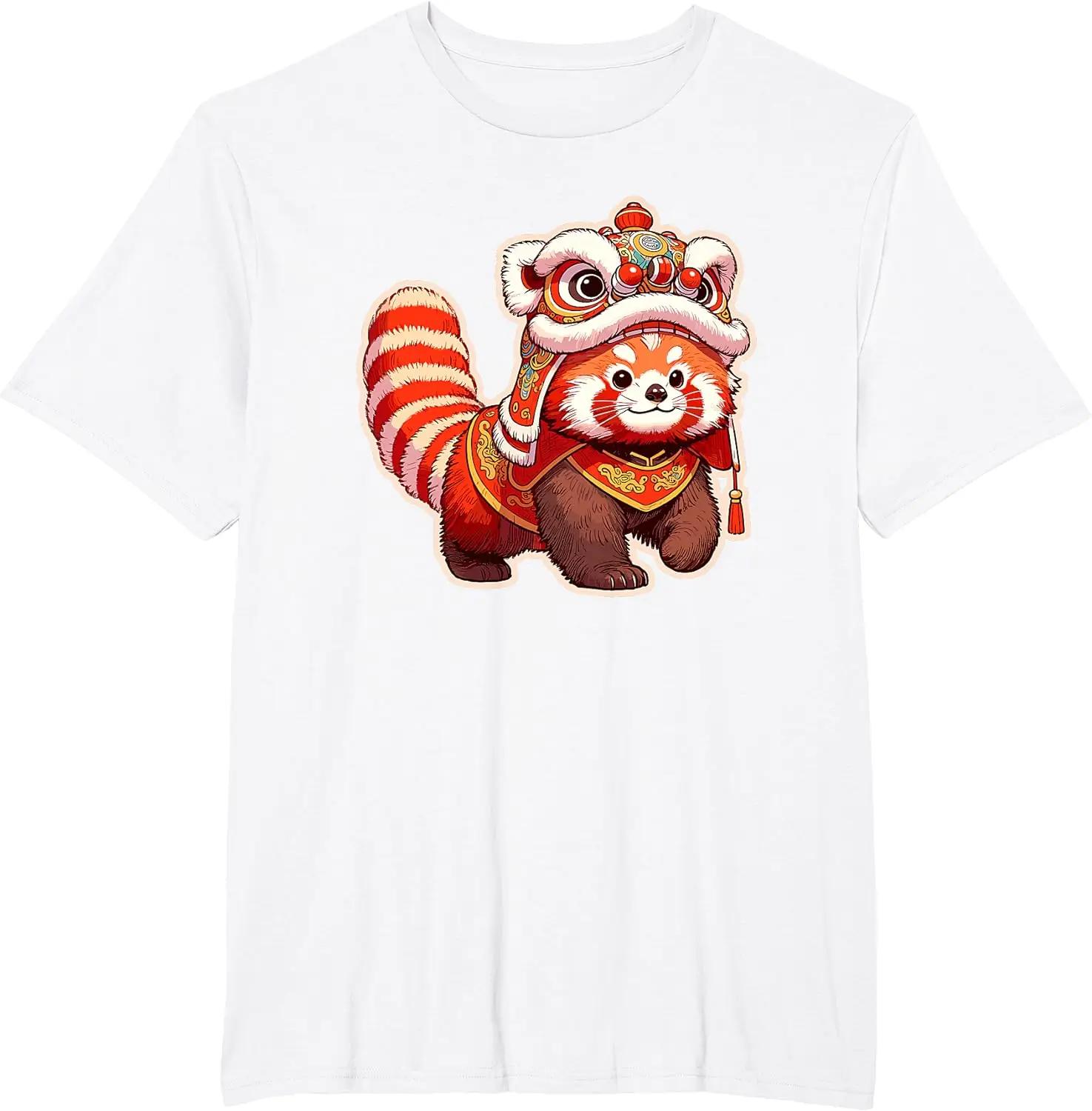 

Chinese New Year Red Panda Lion Dance Lunar New Year 2024 T-Shirt Kawaii Clothes Graphic T Shirts Women Clothing 4XL