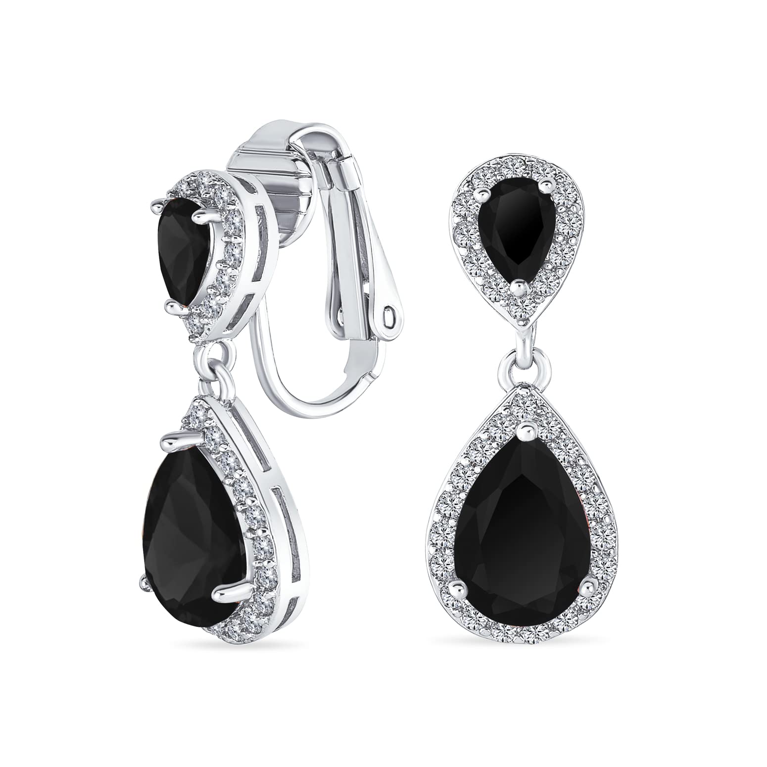 

Bridal Teardrop Black CZ Halo Prom Dangle Drop Statement Chandelier Clip Earrings Cubic Zirconia Silver Plated Brass чорний