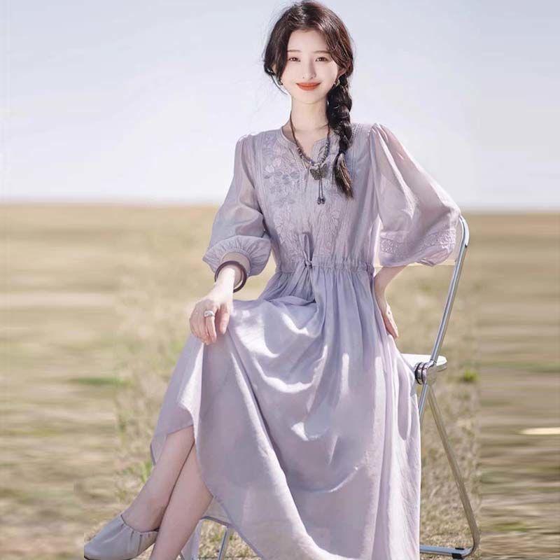Summer New Solid Color Maxi Dress Women V-neck Three Quarter Fashion Dresses Elegant Embroidered Patchwork Lacing Chic Vestidos