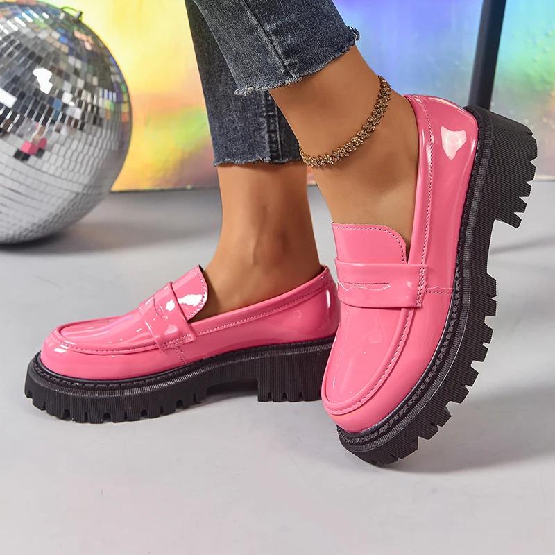 Fashion 2025 Spring New Pu Leather Loafers Women Vintage Soft Bottom Med Heel Pumps Ladies Outdoor Wear Resistant Platform Shoes Mujer