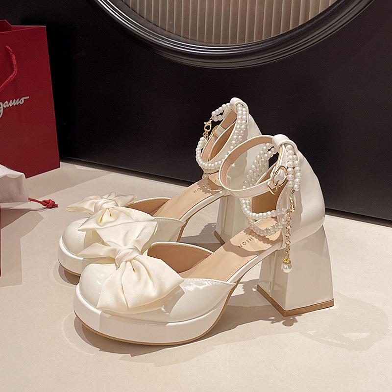 Mary Jane High Heels with Skirt Thick Heel Waterproof Table White Wedding Shoes Small Leather Shoes Pearl Bow Single Shoes