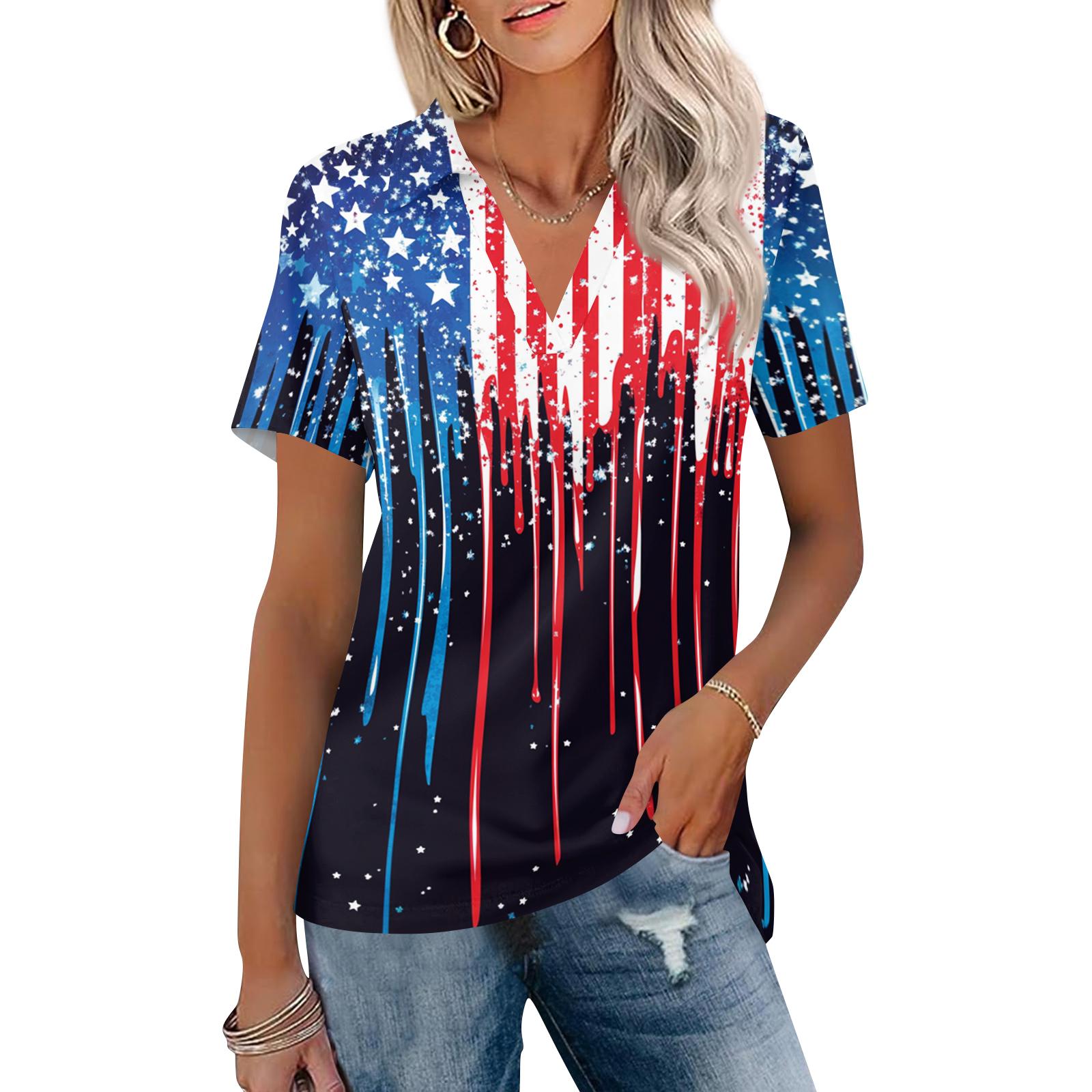 Women V Neck Short Sleeve Casual Loose Fit Top with Abstract Print and Turn Down Collar for Everyday Wear S