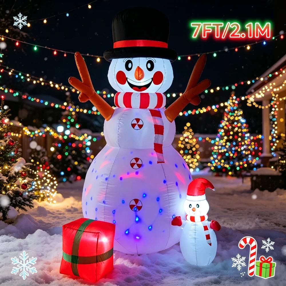 7FT/2.1M Inflatable Snowman Set with Lights and Red Gift Box, Christmas Outdoor Yard Decoration