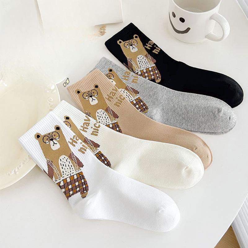 Ladies' Socks, Cute Glasses, Bear Cartoon, Boneless Cotton Socks, Mid-calf Socks