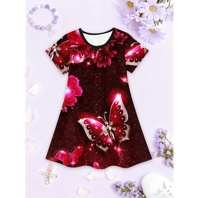 Casual Short-Sleeve Dress for Girls Featuring a 3D Unicorn Print, Perfect for Summer with Cute Cartoon Designs for Toddlers.