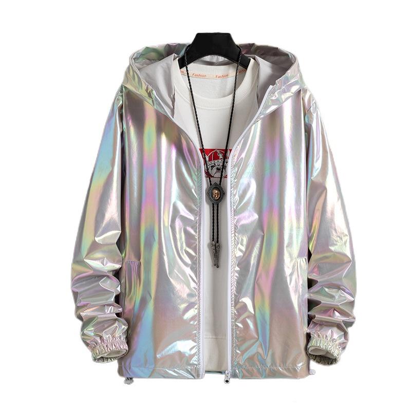 Giacca unisex lucida Cappotto con cappuccio laser Iridescente olografico Harajuku Sun Protect Top Plus Size