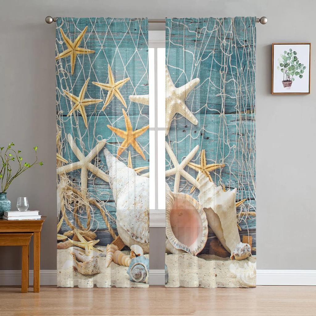 Beach Starfish Shells Leaves Palm Curtains Living Room Bedroom Decor Chiffon Tulle Voile Kitchen Window Curtain Sheer Made Of Polyester Treatment