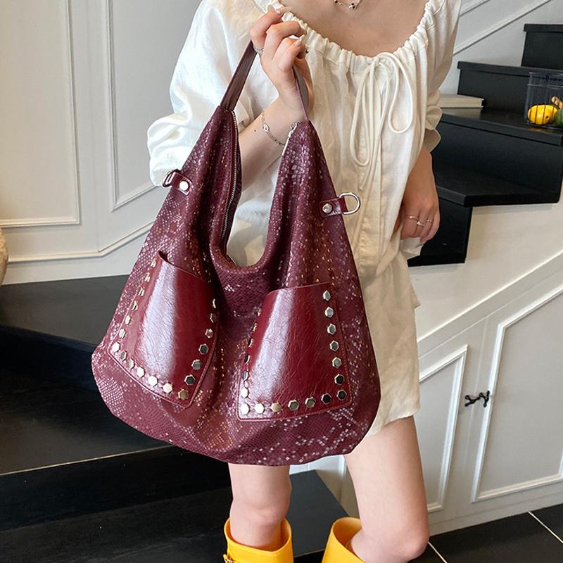 Torba tote z imitacji skóry węża, duża pojemność, miękka skóra, nitowana, torba na ramię, modny luksusowy design, damska torebka CLE