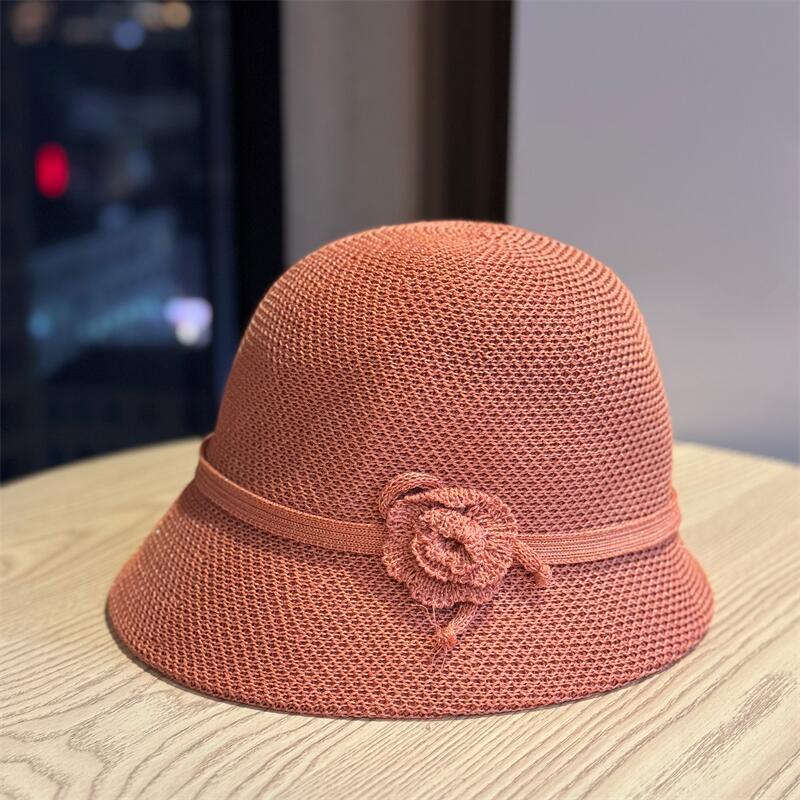 

New elegant Japanese-style small-brimmed bucket hat for women, breathable single-layer sun hat for spring and summer, knitted cool hat, sun Adult54-60Adjustable brick червоний колір