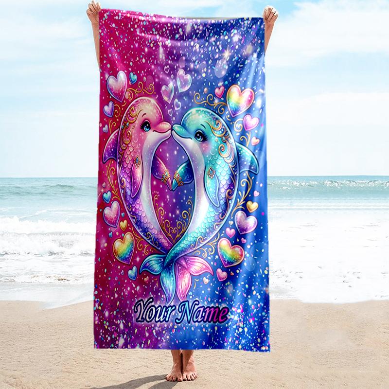 1PC Custom Name Dolphins Love Artwork Beach Towel Highly Absorbent And Sand-Resistant Towel for Swimming, Pool, Yoga, And Travel Lightweight