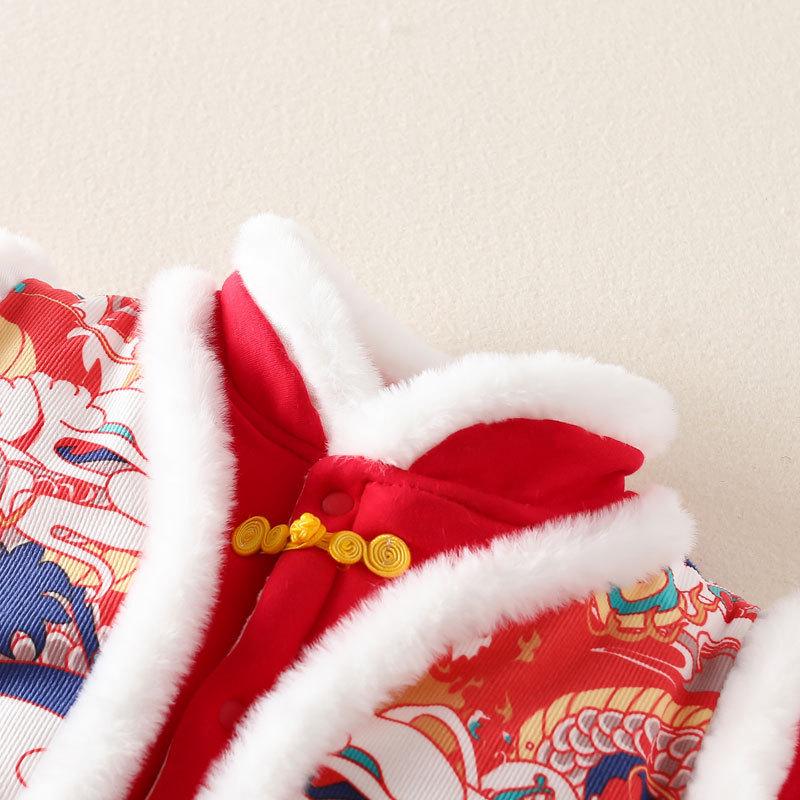 Free Hat: Thickened Baby New Year Outfit – Red Festive Baby Clothes for New Year, Full Moon, or First Birthday Plus Velvet