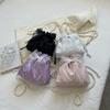 Women Single Shoulder Bag with Detachable Faux Pearl Chain Large Capacity Drawstring Handbag Purse Tulle Bowknot Crossbody Pouch