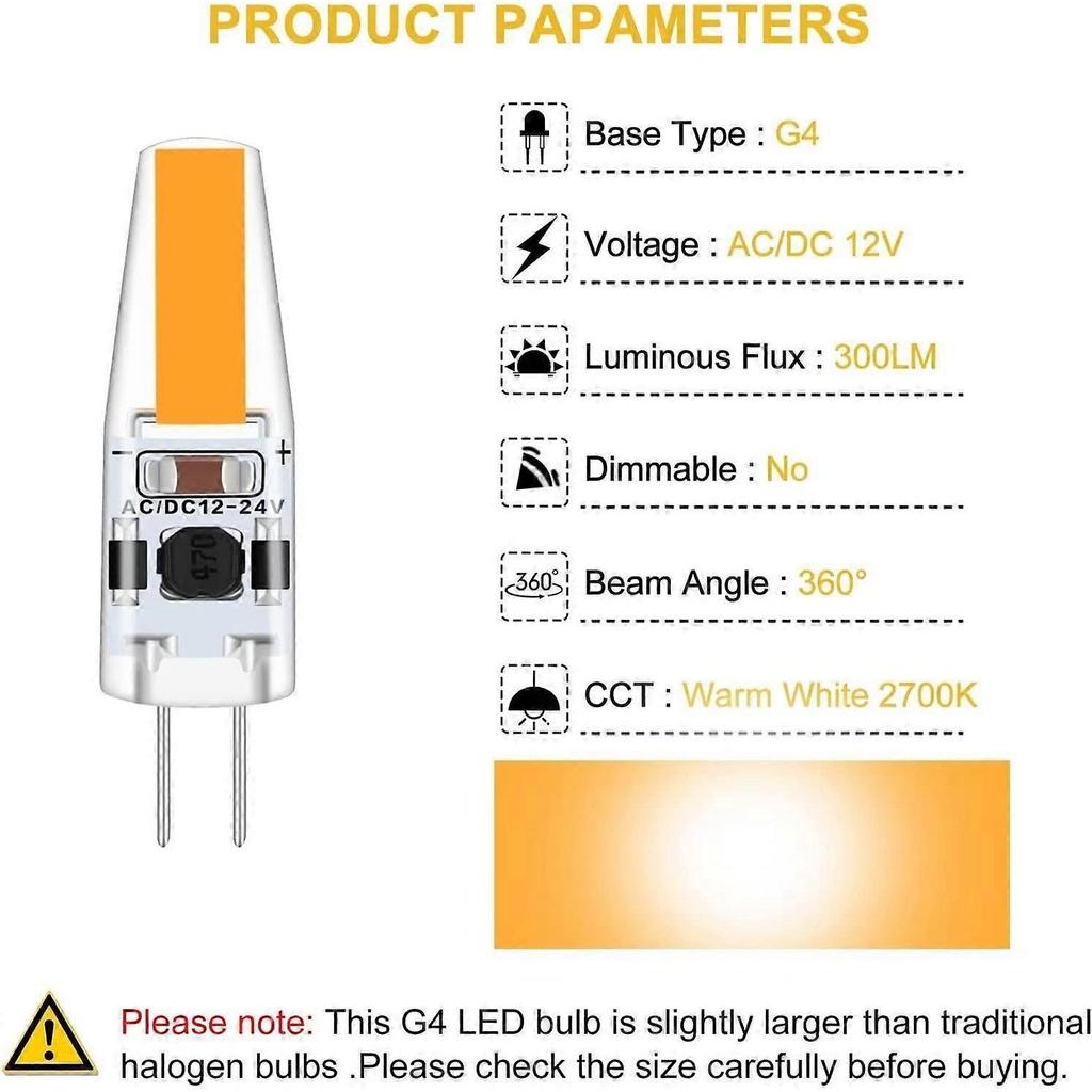 G4 LED 3W 12V AC/DC Light Bulbs, G4 3W LED 30W Equivalent Halogen Light Bulb, 300LM, Warm White 2700K, Non-Dimmable, Pack of 5