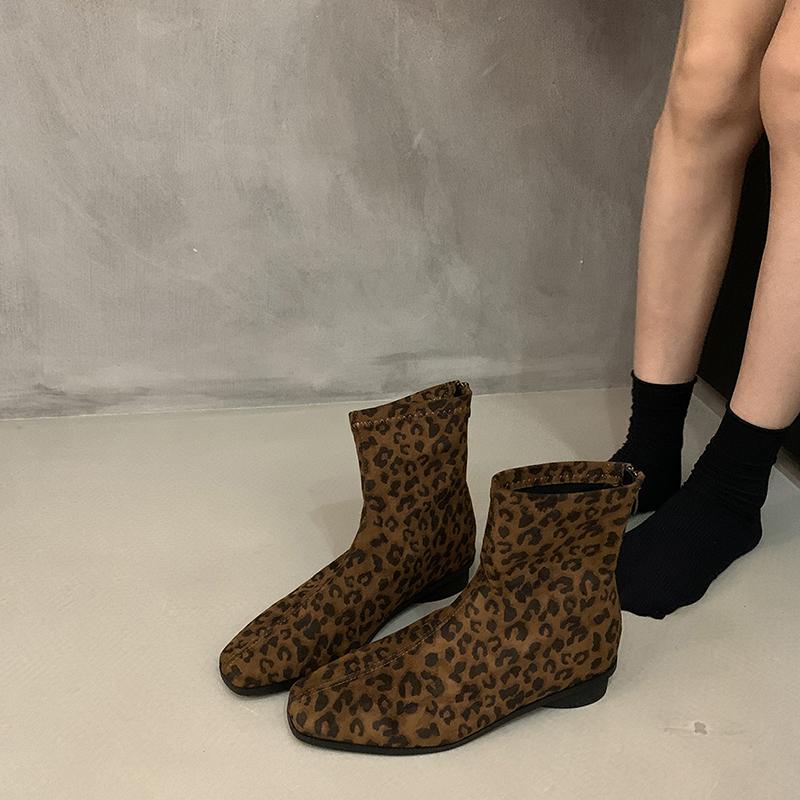Winter Leopard Women Ankle Boots Fashion Back Zippers Short Booties Ladies Elegant Low Heels Botas De Mujer