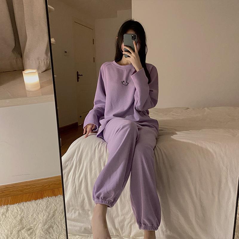 Waffle Suit Women's Spring and Autumn Smiling Face Loose Casual Leggings Two-piece Home Clothes Can Be Worn Outside