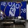 Football Club Tower Badge Tapestry, Blue & White Soccer Team Graphic Wall Hanging for Football Fans
