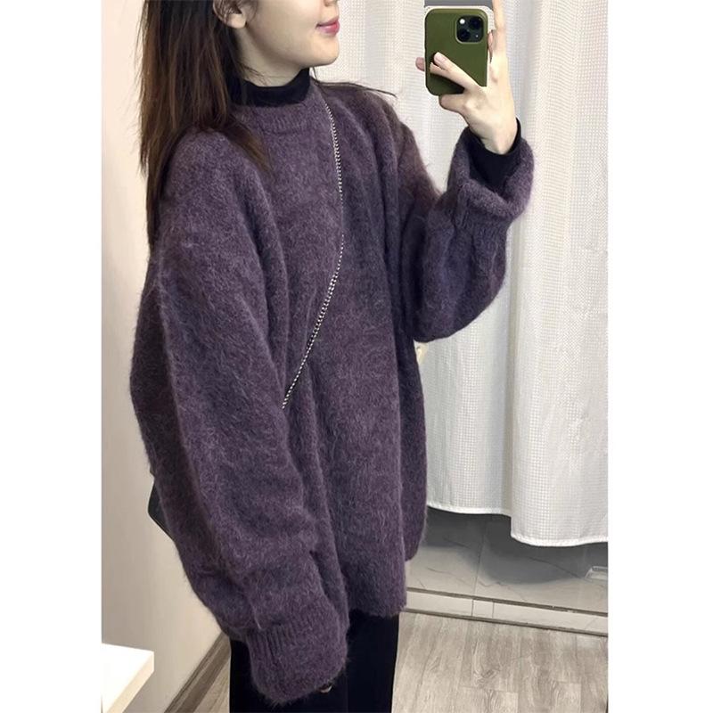 Women's Fashionable Purple French-Style Thick Round Neck Sweater: Soft, Loose, and Layered Knit Pullover