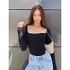 American-Style Square Collar Tight Stretch Long Sleeve Jumpsuit T-shirt Women's Black Low Tie Chest Pad Inner Bottoming Shirt Tops