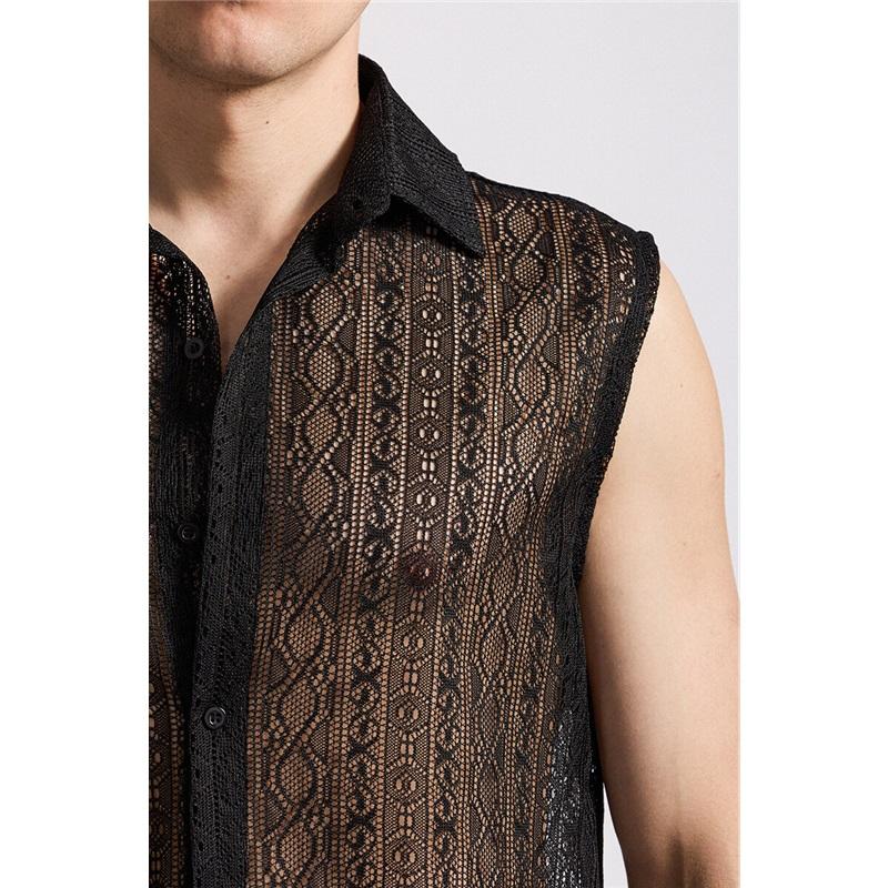 Summer Men's Mesh Lace Knit Shirt Streetwear Hollow-Out Sleeveless Dance Perspective Shirts Nightclub Disco Performance Tops
