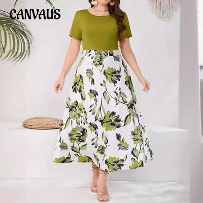 Summer Women's Dress Colorblocked Printed Short Sleeve A-Line Plus Size Dresses