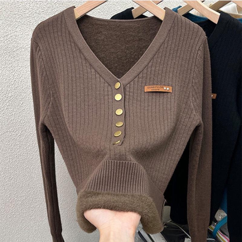 Fashion Plus Velvet Padded Sweater All Match Casual Knit Bottoming Shirt Women Autumn Winter Elegant Slim V-neck Tops