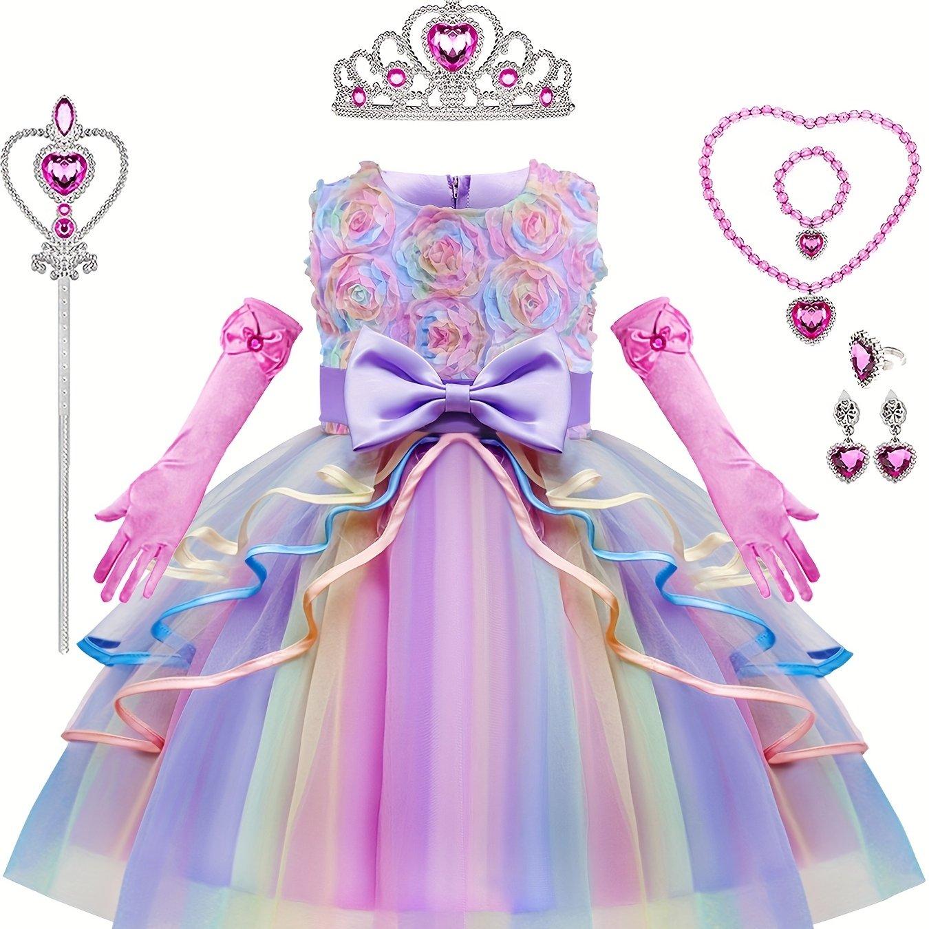 

7 шт. костюм единорога для девочек, платье радужной принцессы, платье для дня рождения единорога для малышей, детский косплей на Хэллоуин, сказочное платье, с повязкой на голову 7-8Y