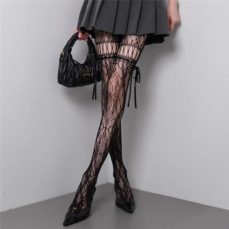 Women Patterned Fishnet Thigh High Stockings Suspender Pantyhose Garter Belt Tights Sheer Mesh Tights Pantyhose Hosiery