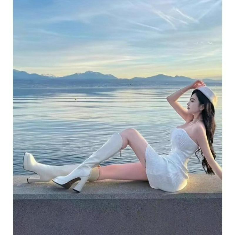 Ny Plattform Större Storlek 42 Knähöga Stövlar Svarta Tjocka Höga Klackar Fyrkantig Tå Slip-On Svarta Sexiga Lårhöga Klackar Damskor