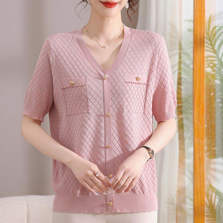 

Trendy Women s Green Diamond Pattern V-Neck Short Sleeve T-Shirt & Thin Cardigan Set XL (suggested weight 45-57.5kg)
