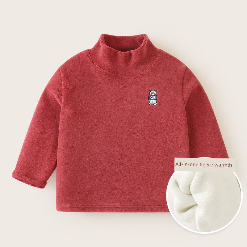 Style Children's T-Shirt with Fleece, Winter Half-High Collar Top, Girls' Base Layer Shirt, Baby Thickened Winter Clothing, Boys' Children's Clothing