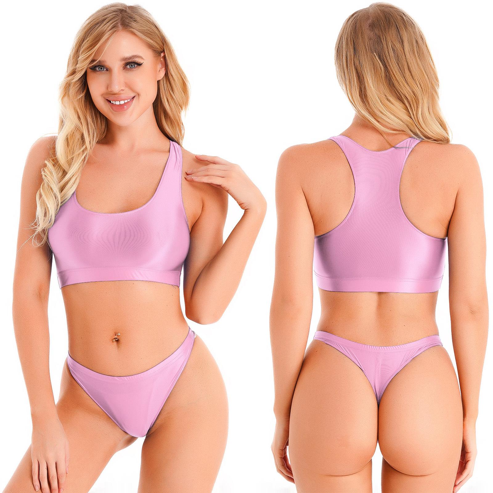 

Жіночий глянцевий безрукавний топ з U-подібним вирізом та низькою посадкою, спортивний фітнес-купальник M рожевий