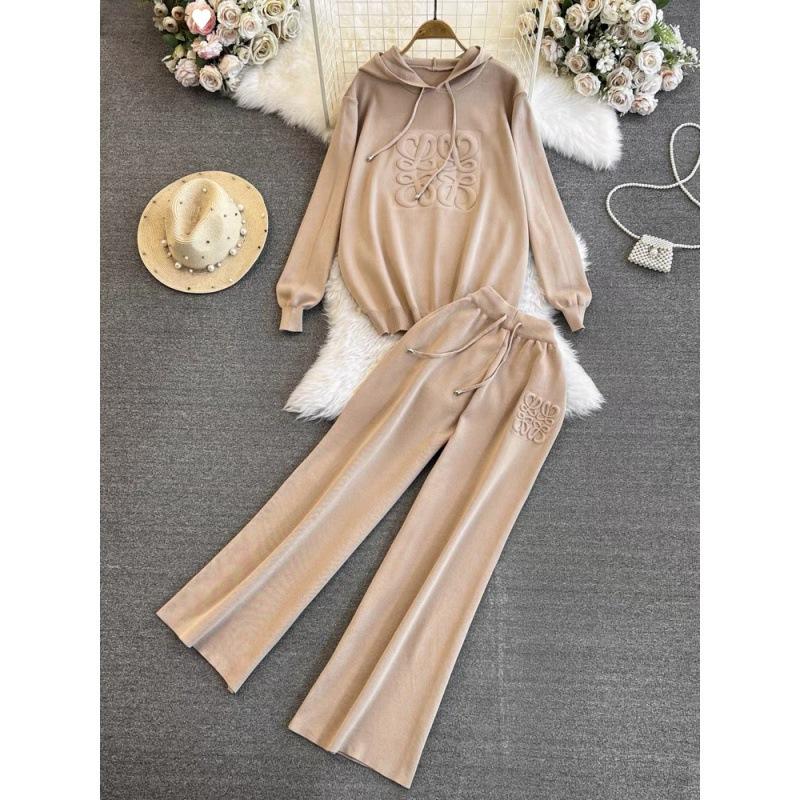 Knit Hooded Sweatshirts 2 Piece Sets Women Casual Knitwear Jumper Tops Ensembles Korean High Waist Malhas Wide Leg Pants Suit