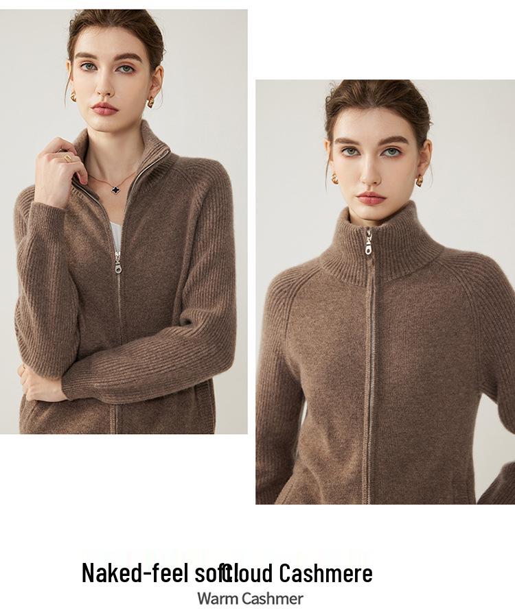 Women's Elegant Cashmere Cardigan: Winter 2026, Double Zipper, Loose Fit, Lapel Base Layer, Warm Outerwear