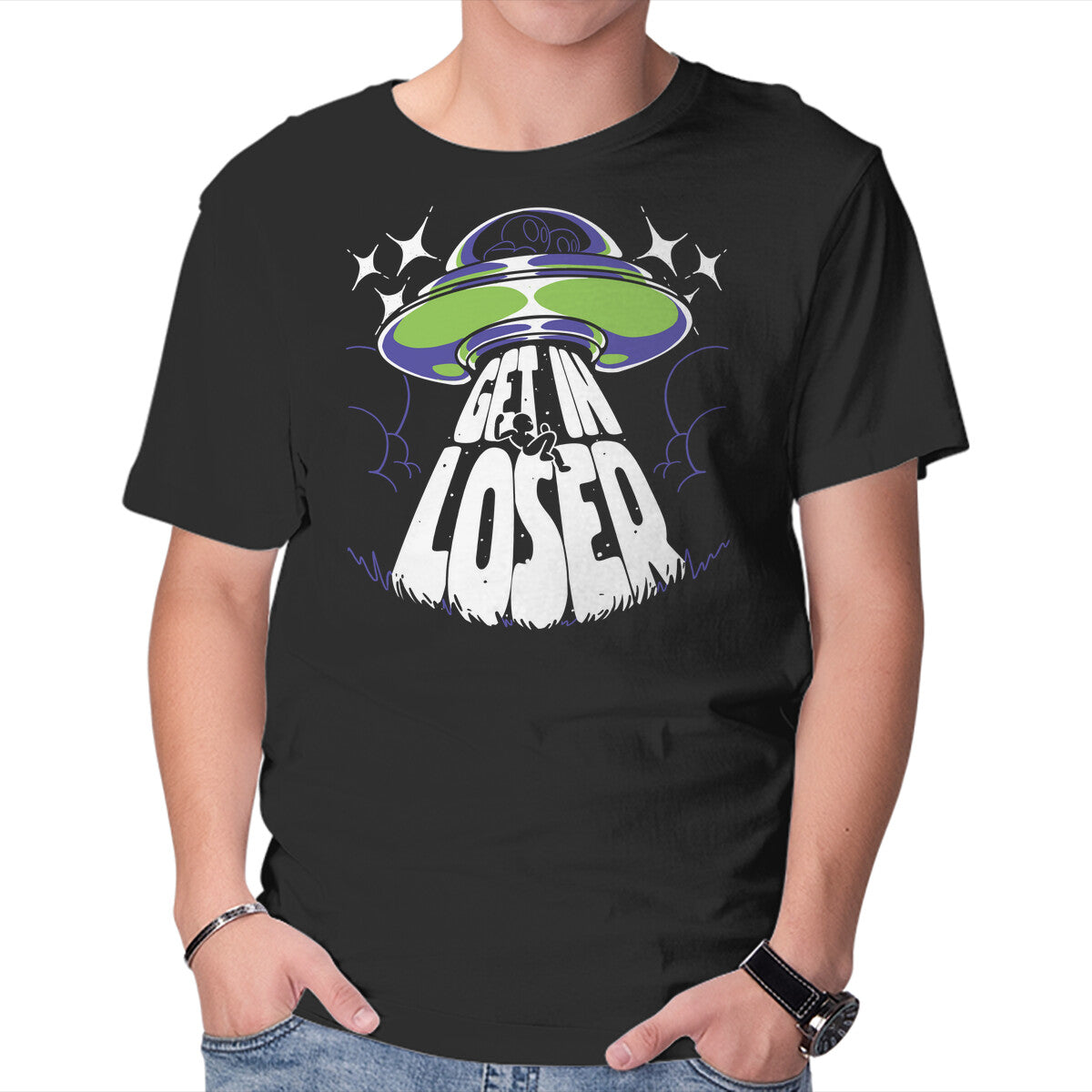 Unisex Crew Neck T-Shirt Get In The UFO Graphic Short Sleeve Casual Tee XL