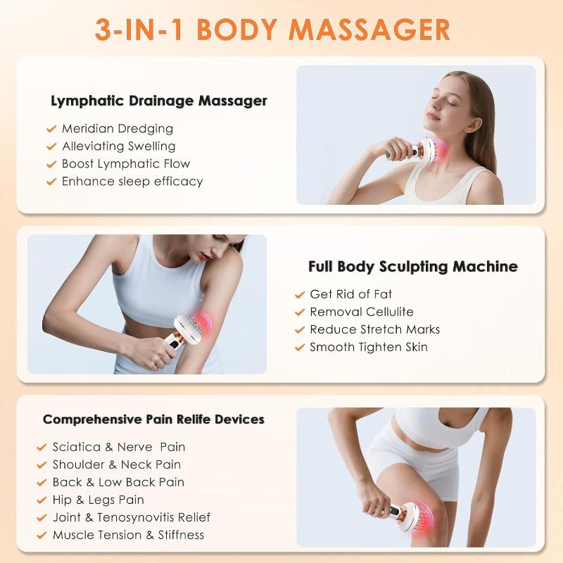 Rechargeable EMS body massager with red light vibration and heating for removing cellulite and relaxing muscles.