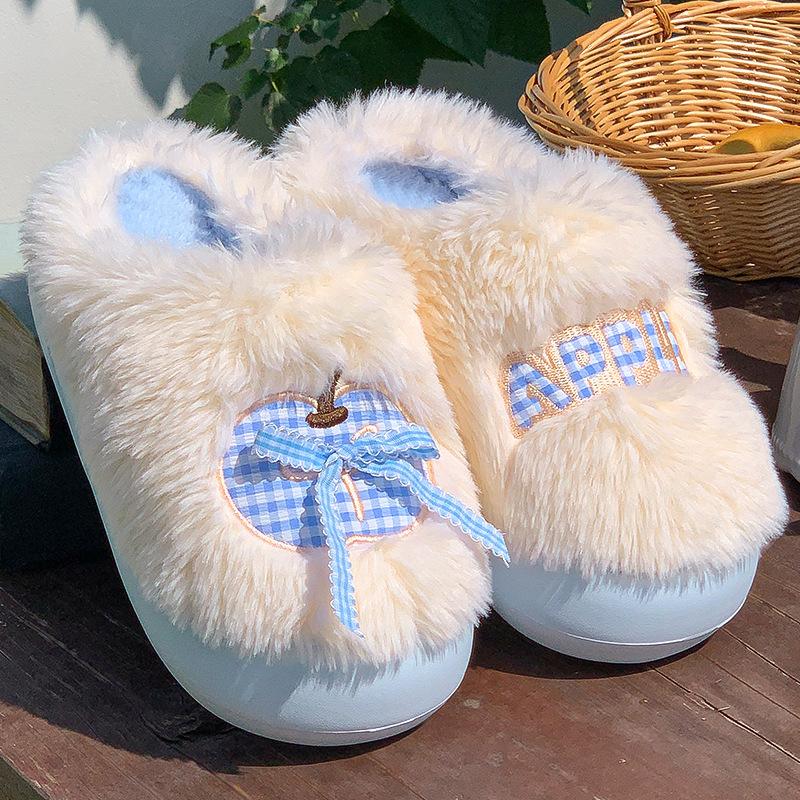 New plush cotton slippers women's winter bow indoor home thick bottom plush warm confinement cotton mop