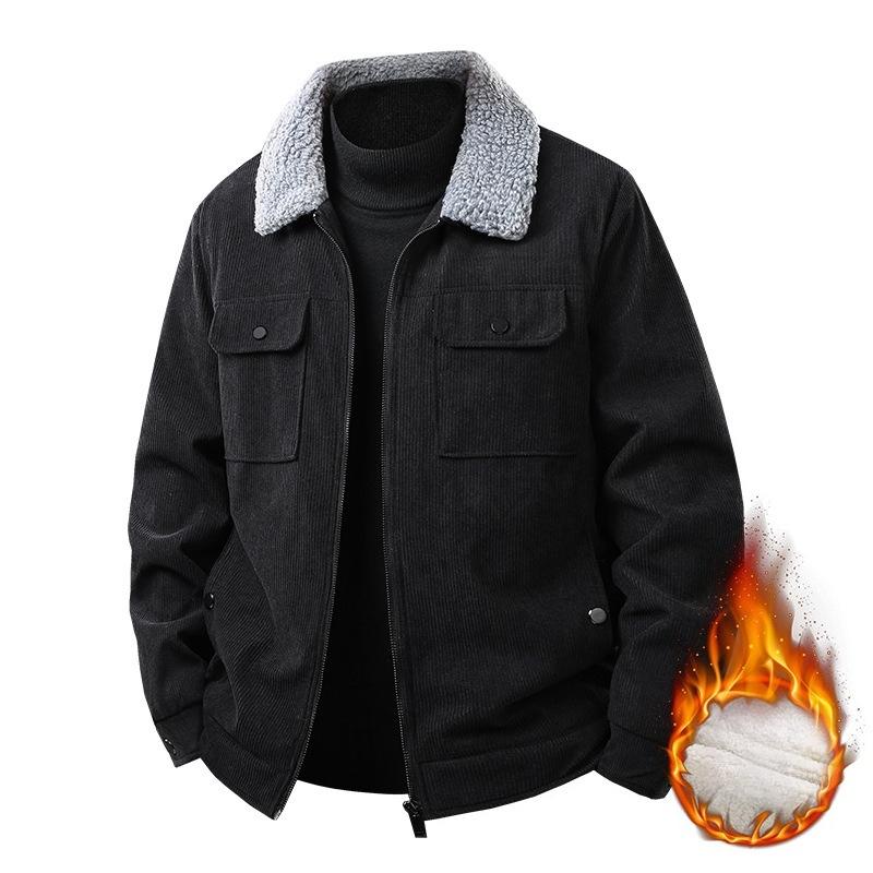 Corduroy Lapel Work Jacket for Winter Men's Plush Thickened Lamb Velvet Jacket for Middle-aged and Elderly Cotton Clothing