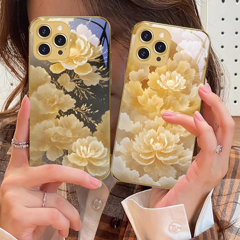 Golden Flowers And Phoenixes For IPhone 16 Pro Max 15 P Ro 14 M Ax 13 Plus 12 Mini 11 XS Max XR Golden Tempered Glass Phone Case