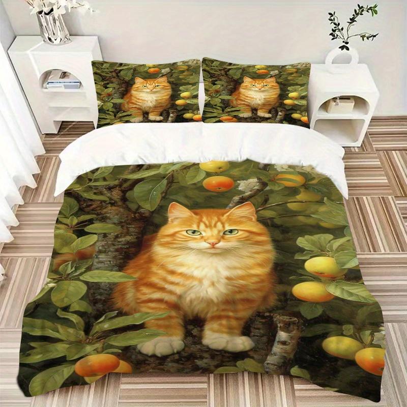

3pcs cat, apple tree Bedding Set Down Comforter Cover and Pillowcases, Suitable for Guest Room Home Decoration All Seasons(No Insert) S0819040 135x200cm