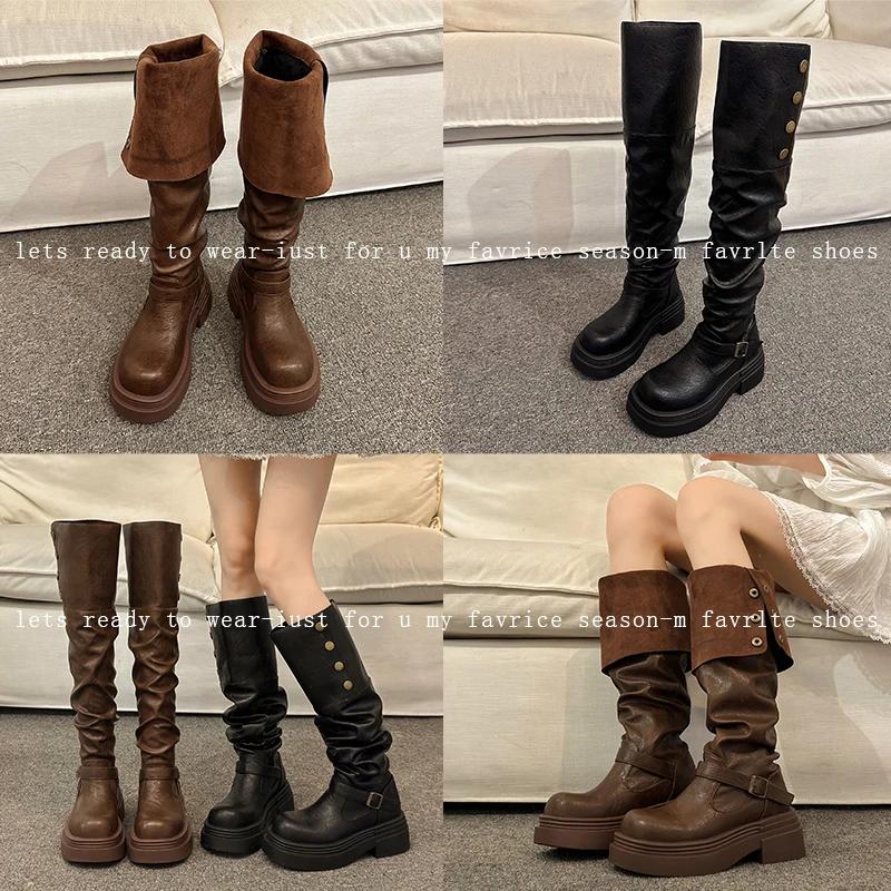 Women's Winter Studded Knee-high Boots Square Heel Round Head Middle Follow High Boots Sleeve Outdoor Leisure Fashion Shoes 2025