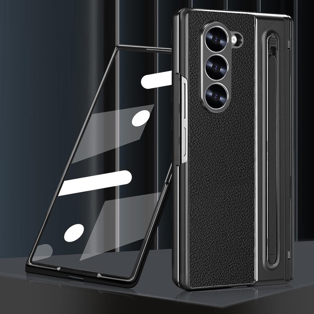 Electroplated Hinge Phone Case For Samsung Galaxy Z Fold 6 5 4 5G Fold6 Screen Glass Stylus All Inclusive Pen Slot Holder Cover