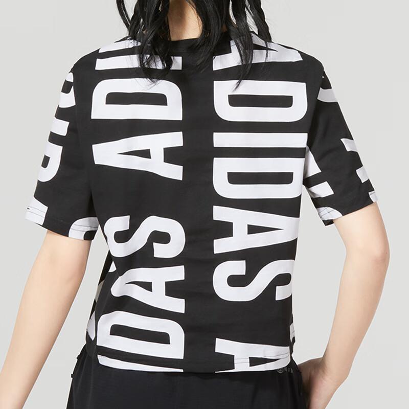 Adidas Allover Print Logo Crew Neck T-Shirt Women Tops Black HC9161