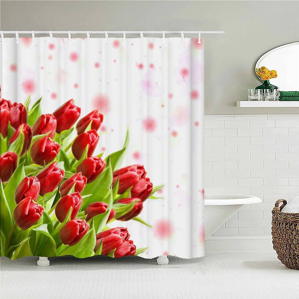Colorful Tulip Flowers Shower Curtains 3D Beautiful Flower Print Bath Curtain Waterproof Fabric With Hooks Bathroom Decoration