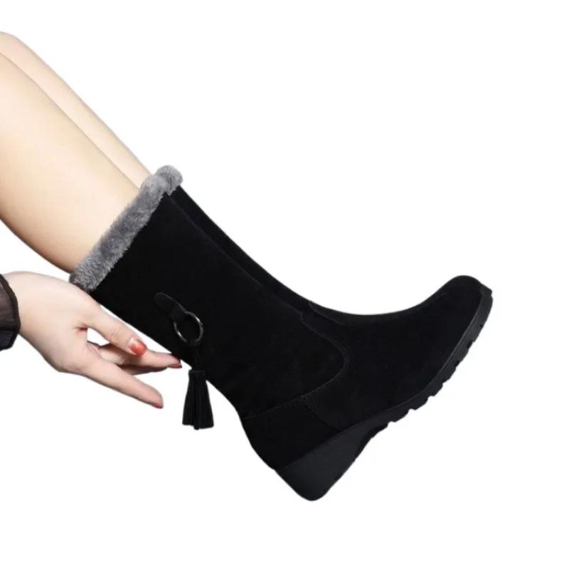 Moda 2024 Buty dla Kobiet Do Połowy Łydki Damskie Kozaki Zwięzłe Śniegowce Kobiety Frędzle Okrągły Nosek Boczny Zamek Niski Obcas Duży Rozmiar Damskie Buty