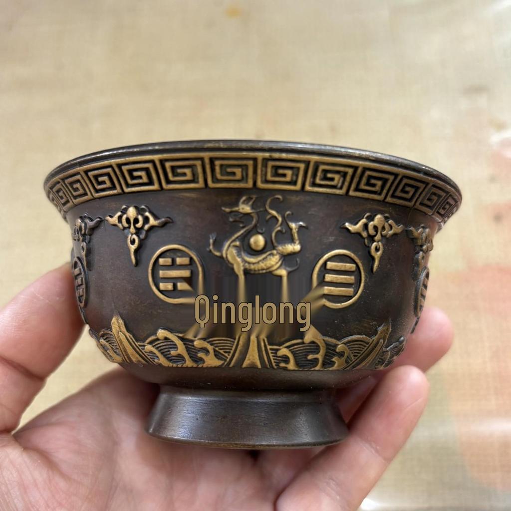 Antique-Style Aged Copper Bagua Bowl with Four Divine Beasts for Home or Office Decor