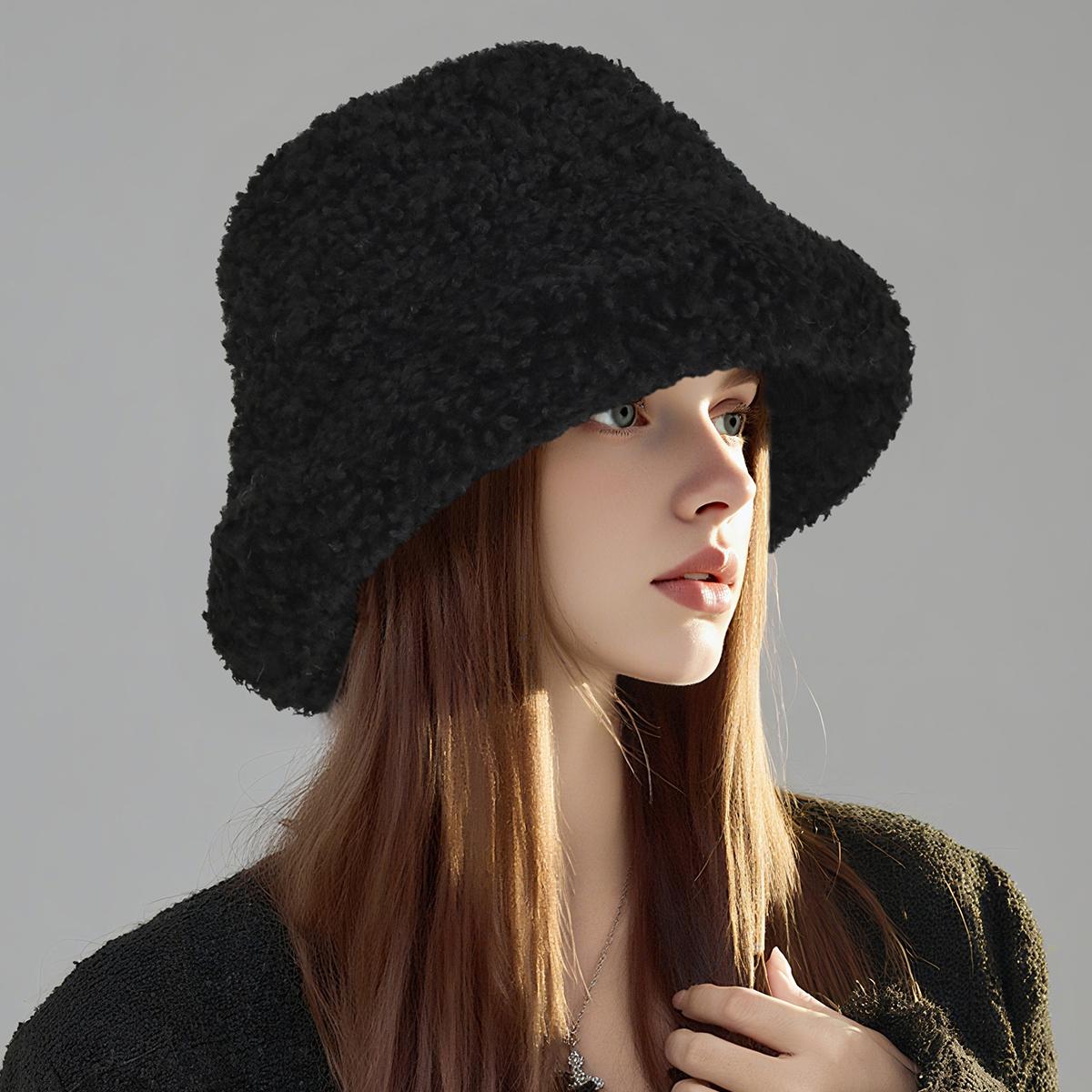 

Soft and cute lamb fleece fisherman hat, women s winter lazy wind plush basin hat, warm and ear protection One Size чёрный