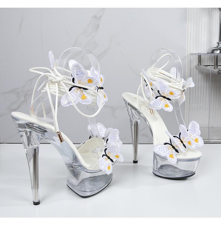 Strap Shoes Butterfly Sexy Super High Heels 15CM Thin Heel Waterproof Platform Sandals Transparent Crystal LFD