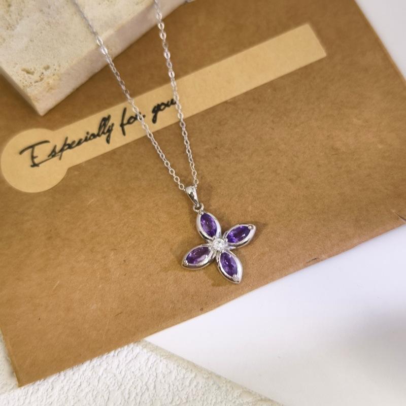 S925 Silver Four-leaf Clover Necklace, Natural Crystal Pendant, Clavicle Chain for Women