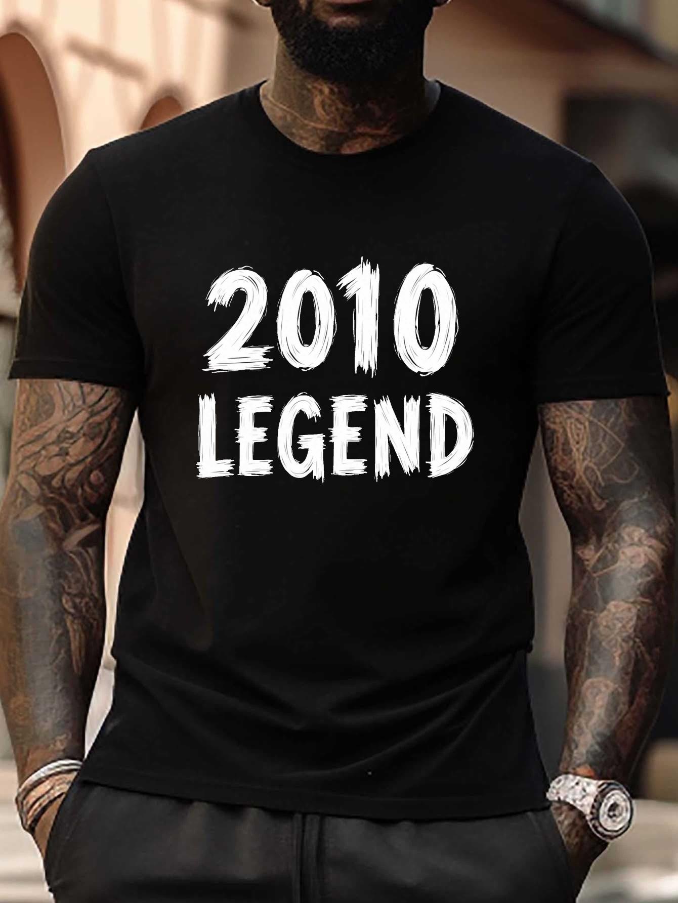 Plus Size 2010 Legend Distressed Typography T-shirt - Black Casual Short Sleeve Tee with Bold White Print L