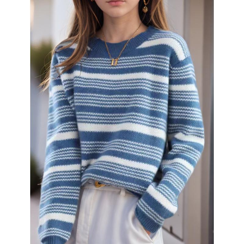 Tooxika Women's Clothing 2024 Autumn And Winter New Contrast Color Striped Pullover Sweater Top Round Neck Contrast Color Sweater For Women